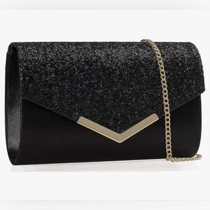 NIB Evening Black Clutch Bag Shoulder Gold Chain  Purse Handbag